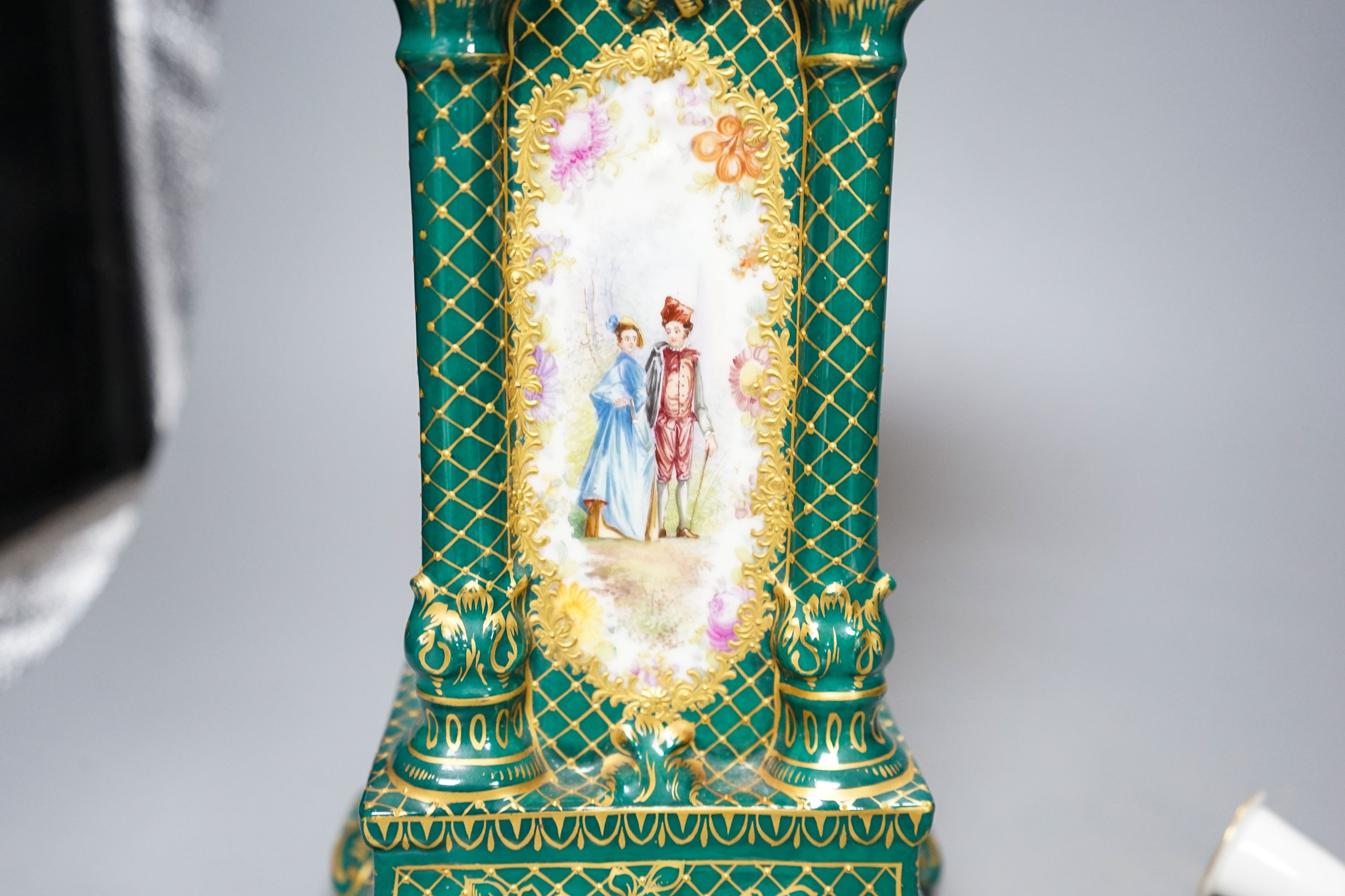 A Dresden porcelain model longcase timepiece and matching ink stand 34cm